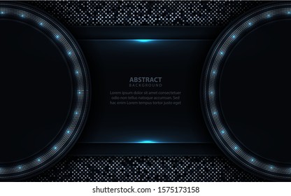 Dark circle abstract background with paper shapes overlap layers. Luxury concept texture with silver glitters dots element decoration. Vector design template for use frame, cover, banner, card