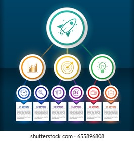 Dark circle design infographic elements with lines, icons and text blocks. Organization chart template. Black abstract workflow layout.