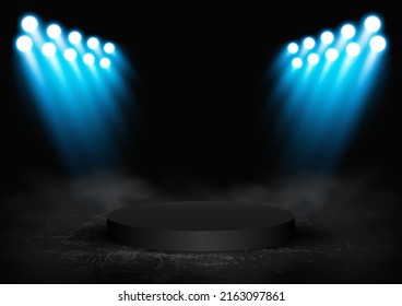 dark circle podium with spotlights, vector illustration.