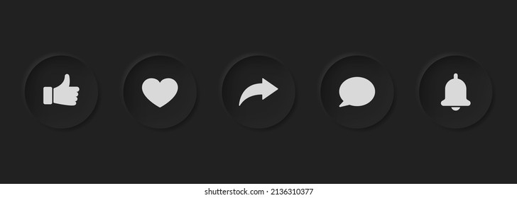 Dark Circle Social Media Button in Neumorphism Style. Grooved Round Buttons Bar Trend Digital Element for Application Interface. Modern Multimedia Pledging Button. Isolated Vector Illustration.