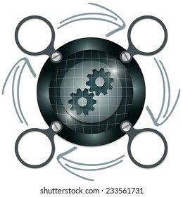 dark circular frame for text with arrows and cogwheels