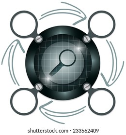 dark circular frame for text with arrows and magnifier