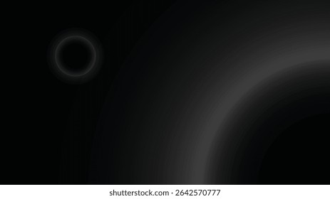 A dark, circular shape with a subtle glow, set against a gradient black background.