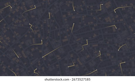 Dark City Map with Navigation Route. Urban travel in dark city navigation with glowing GPS routes. Destination points, abstract urban travel path. Vector illustration