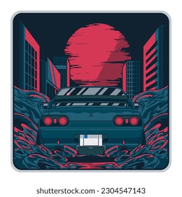 Dark city moon car illustration. Vector graphics for t-shirt prints and other uses.