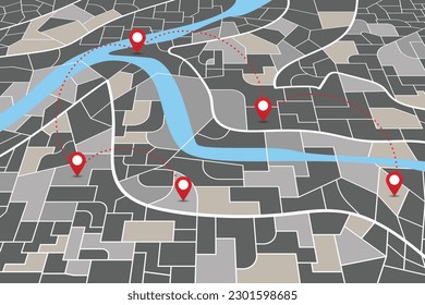 Dark city navigation perspective map with directional pins