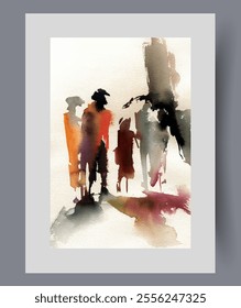 Dark city with silhouettes of people wandering streets at night on poster. Watercolor artwork. Wall art with adult people and children in evening darkness, in frame with decor for print