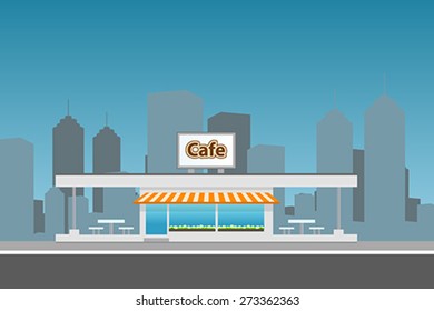 Dark Cityscape with cafe building. Flat illustration.