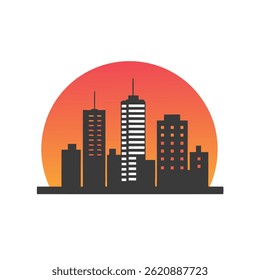 Dark Cityscape Silhouette with Vibrant Sunset Background