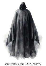 Dark cloaked figure, mysterious silhouette, watercolor style, dramatic atmosphere, fantasy illustration, artistic expression.