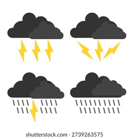 Dark cloud bad weather clip art. Dark cloud set graphic resources with yellow thunder and dark rain can use to printable or social media. Dark cloud vector illustration isolated in white background