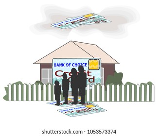 Dark cloud of credit card debt over family home, showing family in silhouette in front of family home, vector illustration.