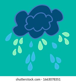 Dark cloud and drops in trendy colors. Rain hand drawn vector illustration with outline. Isolated doodle. Simple design element for weather logo and icons. Dark blue, turquoise, light green.