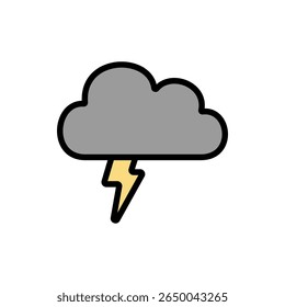 Dark cloud and glowing yellow thunder bolt in colored outline style. Ideal for warning banners, storm icons, and extreme weather visuals.