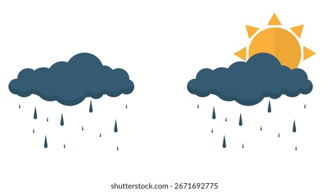 Nube oscura con lluvia torrencial y sol escondido detrás. Condiciones de Clima y Arte vectorial de cambio de estación