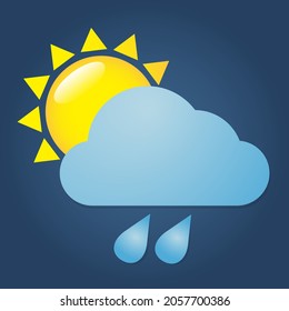 Dark cloud with rain drops and sun on gloomy sky. Weather icon.