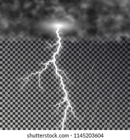 Dark cloud with raining and lightning bolt isolated on checkered background. Transparent rain sky effect. Realistic lightning storm cloud, texture design. Editable vector illustration.