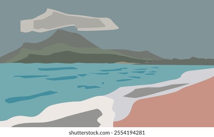 Dark clouds, big mountains , stormy beach .