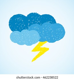 Dark clouds and lightning. Hand painted with oil pastel crayons. Weather forecast, autumn, climate, meteorology concept. Graphic design element for poster, greeting card, scrapbooking, children book