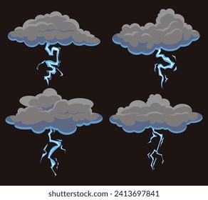 Dark clouds with lightning. Thunderstorm icon Vector illustration.  Grey clouds with lightning. Collection of rain or thunder clouds for sky patterns isolated on black background.