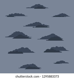 Dark clouds on a blue background. Bad autumn, rainy weather. Element of nature and sky of different shapes. Cartoon flat illustration