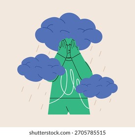 Nubes oscuras y lluvia sobre la cabeza del niño. Ilustración vectorial colorida