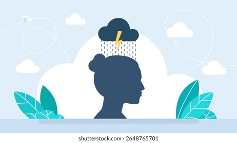 Nuvens escuras, chuva, raios e trovoadas acima da cabeça da mulher. Garota agressiva irritada, trovoada com nuvem escura e relâmpago acima de sua cabeça. Humor negativo e mau humor. Ilustração vetorial