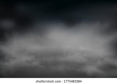 Dark clouds sky background. Cloudy sky or smog. Home cleaning concept, air pollution, big bang. Vector illustration