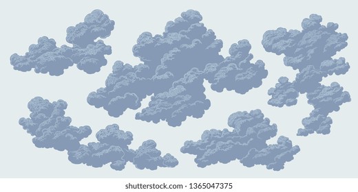 Dark Clouds In The Sky. Design Set. Hand Drawn Engraving. Editable Vector Vintage Illustration. Isolated On Light Background. 8 EPS