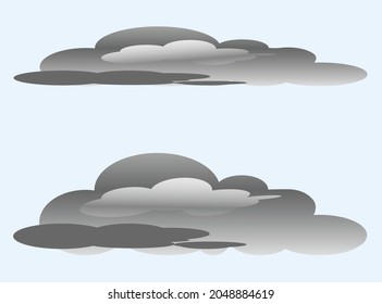 Dunkle Wolken, die bewölkt, regnerisch oder nachts erscheinen. Wolken auf hellblauem Hintergrund. Vektorgrafik.