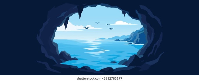Dark Coastal Cave Frame Looking Out To Blue Ocean Flat Vector Landscape Background