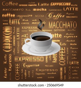 Dark coffe background with cap and steam