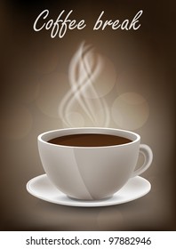 Dark coffe background with cap and steam