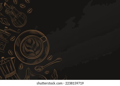dark coffee background hand drawings placed on the left side of the banner