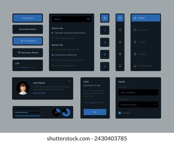 Dunkle Kollektion von blauen eleganten ui ux Elementen. UX-Vorlage für Dashboard-Benutzerbedienfeld. Benutzeroberfläche, Erfahrung. Benutzeroberflächenelemente zum Buchen der App.