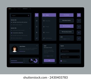 Colección Oscura de elementos ui ux de color púrpura degradado. Utilice la plantilla de panel de usuario del panel. Interfaz de usuario, experiencia. Elementos de IU para reservar la aplicación