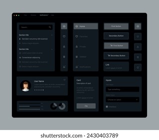 Dark Collection of gray elegant ui ux elements. Ux dashboard user panel template. User interface, experience. UI elements to book the app.