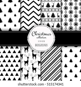 Dark Collection of seamless patterns with black and white colors. Set of seamless backgrounds with traditional symbols - snowflakes, pine tree,deer,holly berry and suitable abstract patterns.