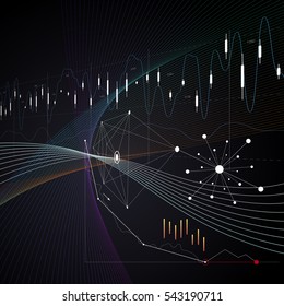 Dark color abstract infographic background in minimalist style made from lines, symbols, charts, diagrams and other elements. Business concept for cover decoration of brochure, flyer or report
