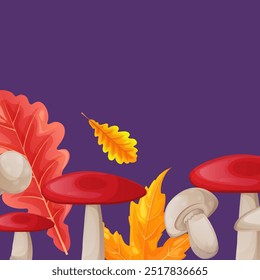 Dark color background with mushrooms and leaves. Maple and acorn leaves are red, orange and yellow. Mushrooms with red and white caps