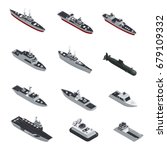 Dark color military boats isometric isolated icon set for different types of troops vector illustration