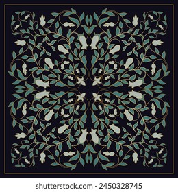 Dark color neck scarf with a stylized flowers. Vector design for a neckerchief, carpet, kerchief, bandana, rug. Golden contour elegance floral pattern.