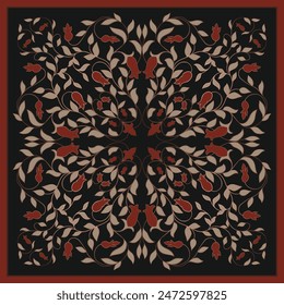 Dark color neck scarf with a stylized flowers. Vector design for a neckerchief, carpet, kerchief, bandana, rug. Elegance floral pattern.