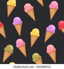 Color oscuro sin fisuras con cremas de hielo brillantes y coloridas. Comida. Delicadeza. Ilustración de material vectorial. aislado. Impresión para textiles y cubiertas. diseño de moda