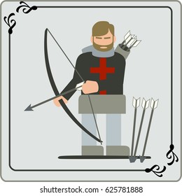 Dark colored archer with a cross on his chest head mail  bow and arrows ready.
