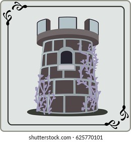 Dark colored castle or rook game piece with clinging vines one window  & archers top