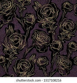 Dark colored floral vector seamless pattern. Golden contours rose flowers on spotted purple and black background. Template for design, textile, wallpaper, ceramics, handbag.