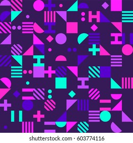 Dark colored geometrical pattern with simple shapes. Design for cards, textile, background.