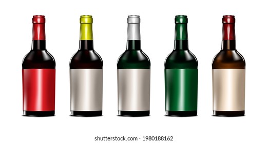 Dark colored glass wine bottle with blank label isolated on white background, vector illustration. Template for design. Easy to recolor