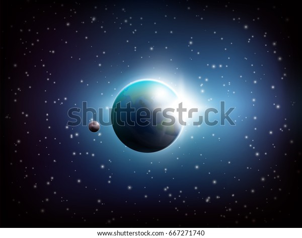 暗い色の空間背景にリアルな宇宙の地球のベクターイラスト のベクター画像素材 ロイヤリティフリー